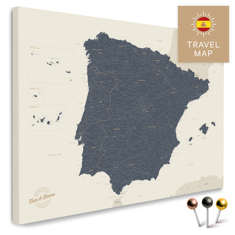 Spanien- & Portugal-Landkarte in der Farbe Navy Light in einem modernen, minimalistischem Design als Leinwand zum Pinnen von Reisen und Orten