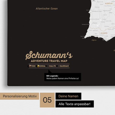 Spanien- & Portugal-Karte als Leinwand in Schwarz-Weiß mit Personalisierung als Logo mit Familiennamen und Legende für Orte, die man bereits besucht hat und noch besuchen möchte