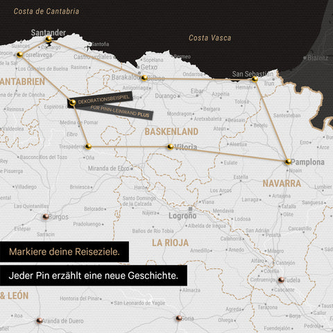 Moderne Spanien- & Portugal Landkarte in der Farbe Schwarz-Weiß als Pinn-Leinwand zeigt einen Ausschnitt vom Baskenland und Navarra, in der bereits besuchte Reiseziele durch Pins markiert sind 