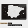 Neutrale Standard Ausführung der detaillierten Spanien- & Portugal-Karte als Pinnwand Leinwand in Schwarz-Weiß ohne Personalisierung