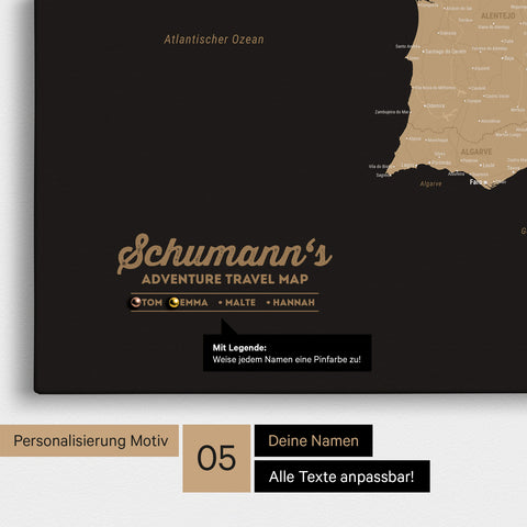 Spanien- & Portugal-Karte als Leinwand in Sonar Black mit Personalisierung als Logo mit Familiennamen und Legende für Orte, die man bereits besucht hat und noch besuchen möchte