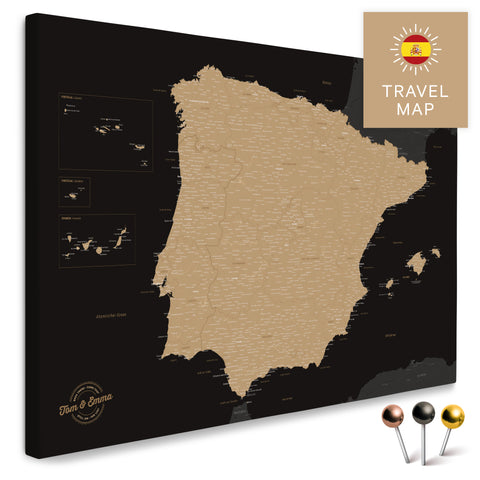 Spanien- & Portugal-Landkarte in der Farbe Sonar Black in einem modernen, minimalistischem Design als Leinwand zum Pinnen von Reisen und Orten