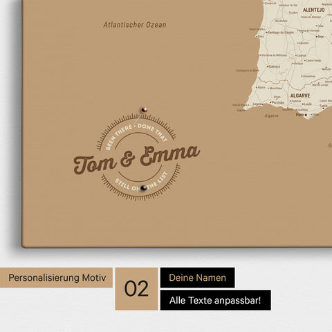 Spanien- & Portugal-Karte Pinn-Leinwand in Treasure Gold mit Personalisierung als rundes Logo, das eine Legende für bereits besuchte Reiseziele im Rundtext beinhaltet