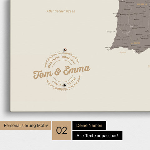 Spanien- & Portugal-Karte Pinn-Leinwand in Warmgray mit Personalisierung als rundes Logo, das eine Legende für bereits besuchte Reiseziele im Rundtext beinhaltet