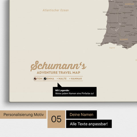 Spanien- & Portugal-Karte als Leinwand in Warmgray mit Personalisierung als Logo mit Familiennamen und Legende für Orte, die man bereits besucht hat und noch besuchen möchte