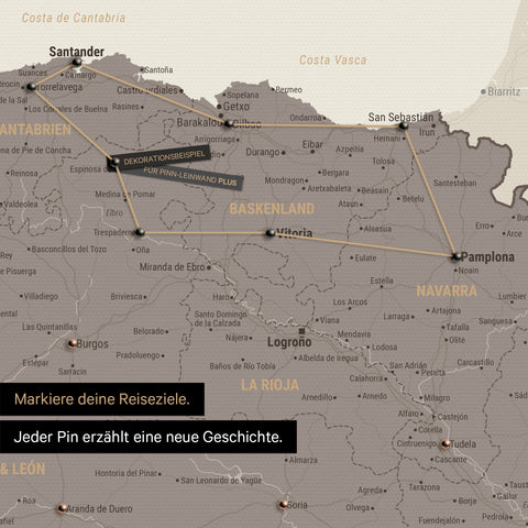 Moderne Spanien- & Portugal Landkarte in der Farbe Warmgray als Pinn-Leinwand zeigt einen Ausschnitt vom Baskenland und Navarra, in der bereits besuchte Reiseziele durch Pins markiert sind 