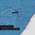 South Africa map in blue with pins and string marking travel destinations and the travel route in Lesotho and KwaZulu-Natal.