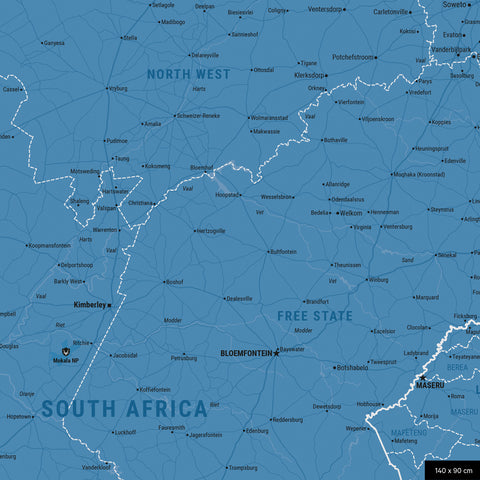 Südafrika-Karte Pinn-Leinwand in Blau wahlweise mit oder ohne Straßennetz