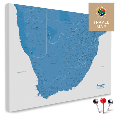 South Africa map in blue as a Push Pin Map, with pins to mark travel destinations, high-quality made in Germany.