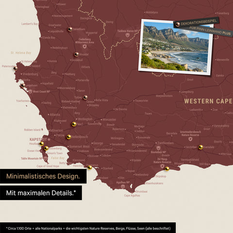 Detail of a South Africa map as a Push Pin Map in a minimalist design and Bordeaux red color, showing travel destinations marked with pins in the region around Cape Town. Photos can also be attached to the Push Pin Map.