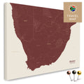 South Africa map in Bordeaux red color as a Push Pin Map, with pins to mark travel destinations, high-quality made in Germany.