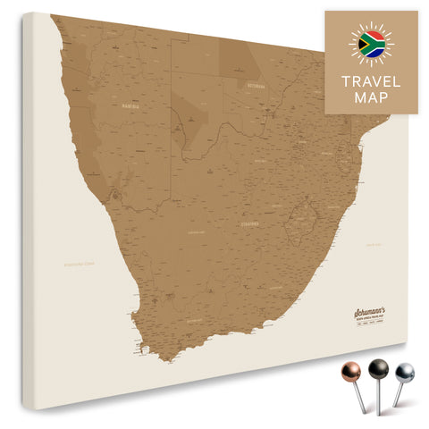 South Africa map in bronze color as a Push Pin Map, with pins to mark travel destinations, high-quality made in Germany.