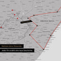 South Africa map in Coolgray (light gray) color with pins and string marking travel destinations and the travel route in Lesotho and KwaZulu-Natal.
