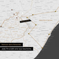 South Africa map in dark gray color with pins and string marking travel destinations and the travel route in Lesotho and KwaZulu-Natal.