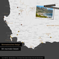Detail of a South Africa map as a Push Pin Map in minimalist design and dark gray color, showing travel destinations marked with pins in the region around Cape Town. Photos can also be attached to the Push Pin Map.