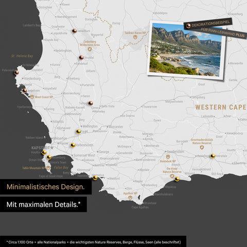 Detail of a South Africa map as a Push Pin Map in minimalist design and dark gray color, showing travel destinations marked with pins in the region around Cape Town. Photos can also be attached to the Push Pin Map.