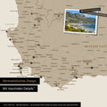 Detail of a South Africa map as a Push Pin Map in minimalist design and Desert Sand (beige) color, showing travel destinations marked with pins in the region around Cape Town. Photos can also be attached to the Push Pin Map.