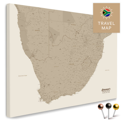 South Africa map in Desert Sand (Beige) color as a Push Pin Map, with pins for marking travel destinations, high-quality made in Germany.