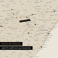 South Africa map in gold color with pins and thread marking travel destinations and the travel route in Lesotho and KwaZulu-Natal.