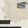 Detail of a South Africa map as a Push Pin Map in minimalist design and gold color, showing travel destinations marked with pins in the region around Cape Town. Photos can also be attached to the Push Pin Map.