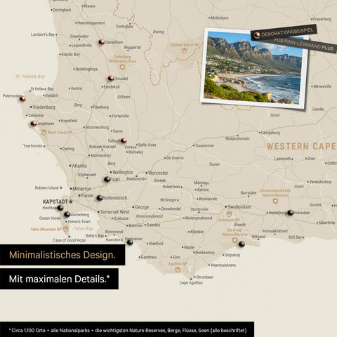 Detail of a South Africa map as a Push Pin Map in minimalist design and gold color, showing travel destinations marked with pins in the region around Cape Town. Photos can also be attached to the Push Pin Map.
