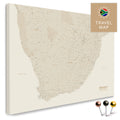 South Africa map in gold color as a Push Pin Map, with pins to mark travel destinations, high-quality made in Germany.