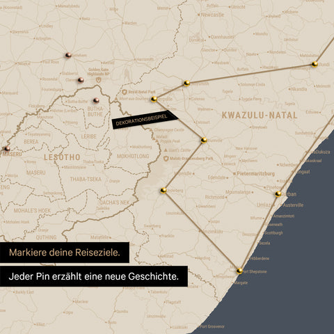 South Africa map in Hale Navy color (dark blue-beige) with pins and string marking travel destinations and the travel route in Lesotho and KwaZulu-Natal.