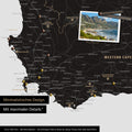 Detail of a South Africa map as a Push Pin Map in a minimalist design and Light Black color, showing travel destinations marked with pins in the region around Cape Town. Photos can also be attached to the Push Pin Map.