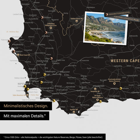 Detail of a South Africa map as a Push Pin Map in a minimalist design and Light Black color, showing travel destinations marked with pins in the region around Cape Town. Photos can also be attached to the Push Pin Map.