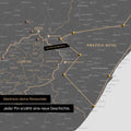 South Africa map in light gray color with pins and string marking travel destinations and the travel route in Lesotho and KwaZulu-Natal.