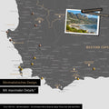 Detail of a South Africa map as a Push Pin Map in a minimalist design and light gray color, showing travel destinations marked with pins in the region around Cape Town. Photos can also be attached to the Push Pin Map.
