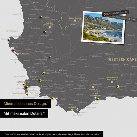 Detail of a South Africa map as a Push Pin Map in a minimalist design and light gray color, showing travel destinations marked with pins in the region around Cape Town. Photos can also be attached to the Push Pin Map.