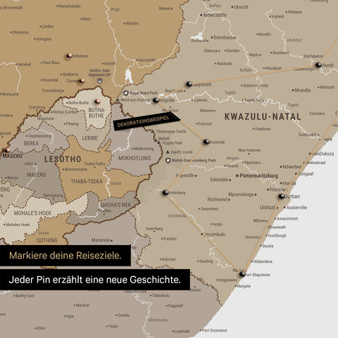 South Africa map in multicolor beige with pins and string, marking travel destinations and the travel route in Lesotho and KwaZulu-Natal.