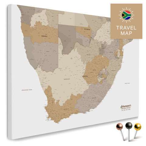 South Africa map in multicolor beige as a Push Pin Map, with pins for marking travel destinations, high-quality made in Germany.