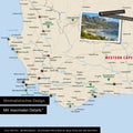 Detail of a South Africa map as a Push Pin Map in a minimalist design and Multicolor Classic color, showing travel destinations marked with pins in the region around Cape Town. Photos can also be attached to the Push Pin Map.