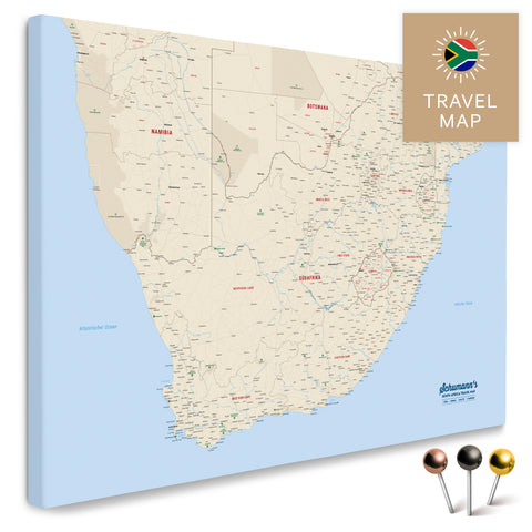 South Africa map in color Multicolor Classic as a Push Pin Map, with pins for marking travel destinations, high-quality made in Germany.