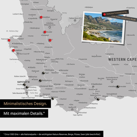 Detail of a South Africa map as a Push Pin Map in a minimalist design and Multicolor Gray color, showing travel destinations marked with pins in the region around Cape Town. Photos can also be attached to the Push Pin Map.