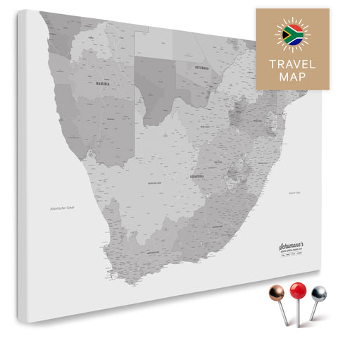 South Africa map in Multicolor Gray as a Push Pin Map, with pins to mark travel destinations, high-quality made in Germany.