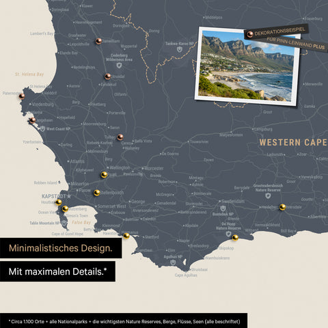 Detail of a South Africa map as a Push Pin Map in a minimalist design and Navy Light color, showing travel destinations marked with pins in the region around Cape Town. Photos can also be attached to the Push Pin Map.