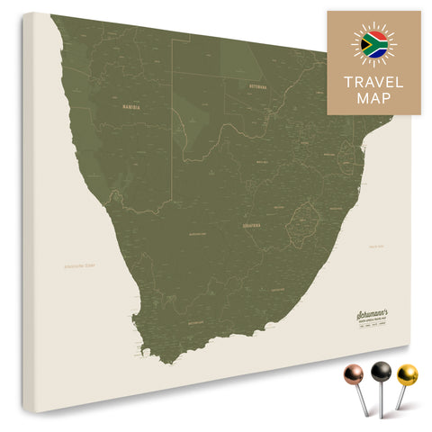 South Africa map in olive green as a Push Pin Map, with pins to mark travel destinations, high-quality made in Germany.