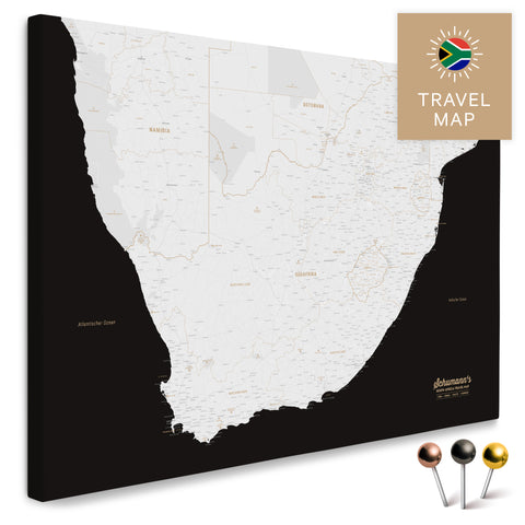 South Africa map in black and white as a Push Pin Map, with pins to mark travel destinations, high-quality made in Germany.