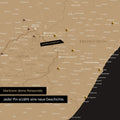 South Africa map in Sonar Black color (black-gold) with pins and string marking travel destinations and the travel route in Lesotho and KwaZulu-Natal.