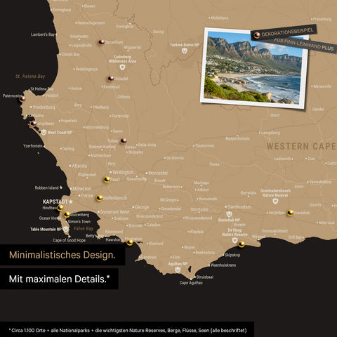 Detail of a South Africa map as a Push Pin Map in a minimalist design and Sonar Black color (black-gold), showing travel destinations marked with pins in the region around Cape Town. Photos can also be attached to the Push Pin Map.