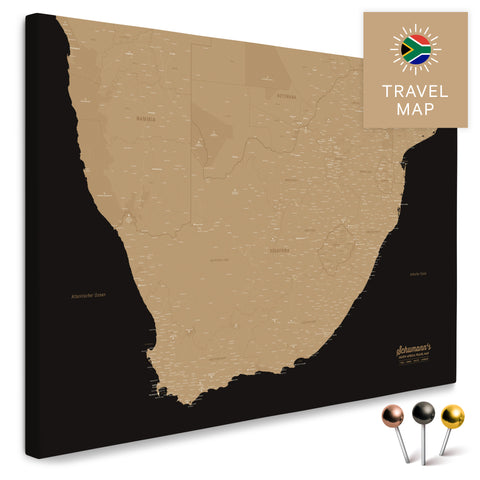 South Africa map in Sonar Black color (black-gold) as a Push Pin Map, with pins for marking travel destinations, high-quality made in Germany.