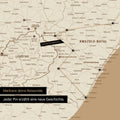 South Africa map in Treasure Gold color with pins and thread, marking travel destinations and the travel route in Lesotho and KwaZulu-Natal.