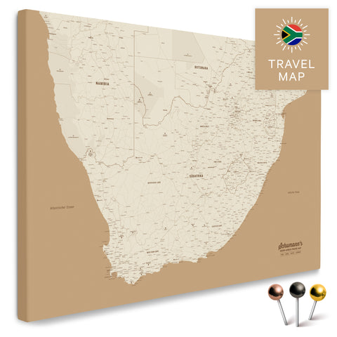 South Africa map in Treasure Gold color as a Push Pin Map, with pins for marking travel destinations, high-quality made in Germany.