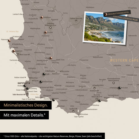 Detail of a South Africa map as a Push Pin Map in a minimalist design and Warmgray color (brown-gray), showing travel destinations marked with pins in the region around Cape Town. Photos can also be attached to the Push Pin Map.