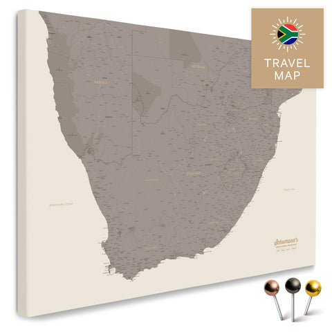 South Africa map in Warmgray color (brown-gray) as a Push Pin Map, with pins to mark travel destinations, high-quality made in Germany.