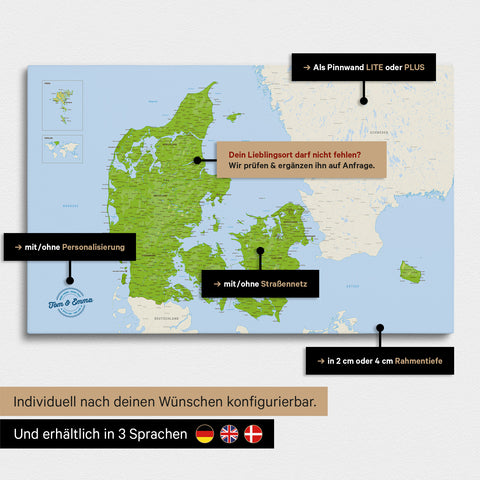 Vielfältige Konfigurationsmöglichkeiten einer topografischen Dänemark-Karte als Pinn-Leinwand in der Farbe Multicolor Topo