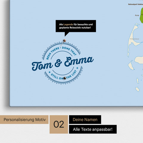 Personalisierte Dänemark-Karte als Pinn-Leinwand in Multicolor Topo mit eingedruckten Namen und einer Legende zur Markierung von besuchten Orten